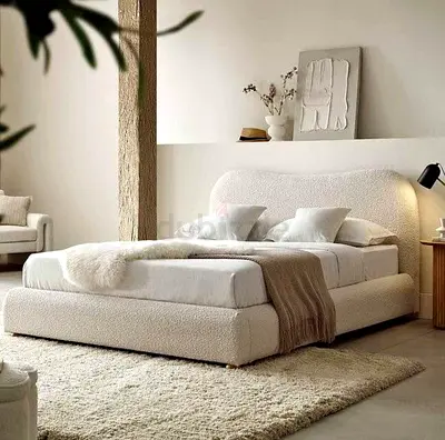 Beige Fabric Double Bed Frame For Sale