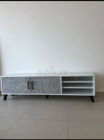 Low TV Unit / Entertainment Cabinet - White with Grey Doors