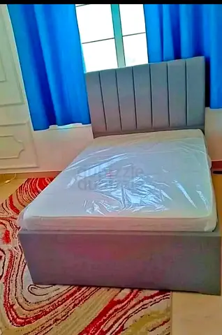 Double Bed with Headboard and Mattress - Grey Upholstered