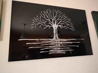 Black glass wall art panel with white tree design - 90x60cm