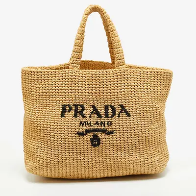 Authentic Prada Natural Raffia Logo Shopper Tote