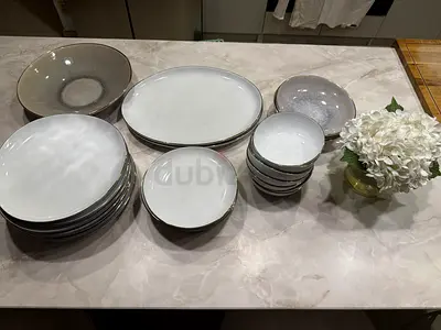 Pottery barn white/ grey gold rimmed Dinnerware bundle