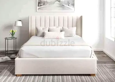 Modern Upholstered Bed Frame with Winged Headboard