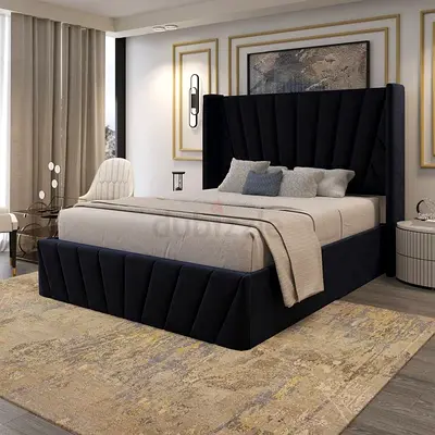 King Size Upholstered Bed with High Headboard – Dark Blue