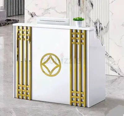 White Reception Counter with Gold Accents - Compact Welcome Desk
