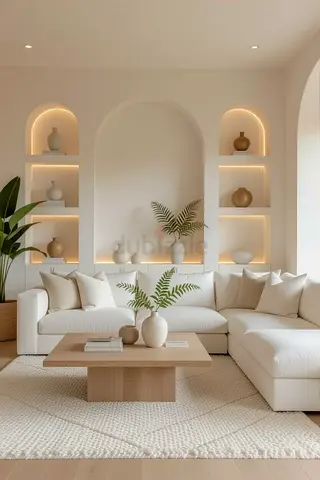 Modern L-shaped White Sofa with Wooden Coffee Table and Rug