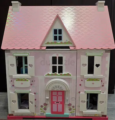 Large Pink Wooden Dollhouse with Shutters and Decor