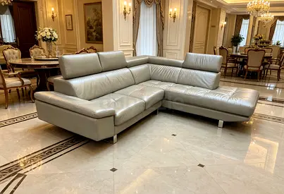 Modern L-shaped Leather Corner Sofa - Beige Good Condition
