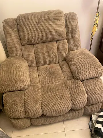 Large single brown fabric recliner armchair - comfortable used condition