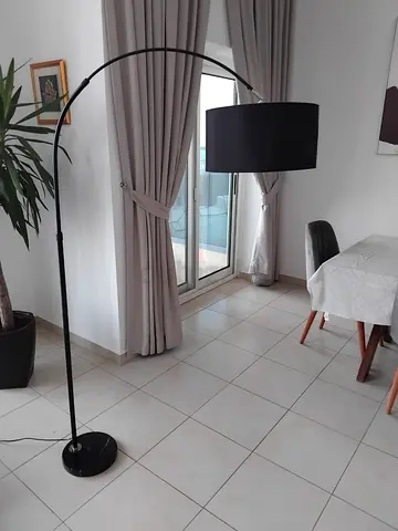 Black Arc Floor Lamp with Drum Shade – excellent Working Condition