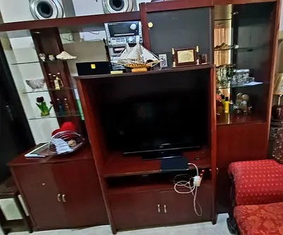 Wooden TV Entertainment Unit with Glass Display Cabinets