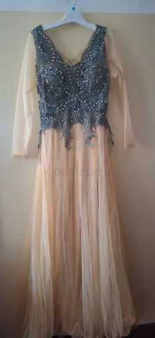 Beige Tulle Evening Dress with Embellished Grey Bodice