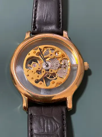 Vintage Germany mechanical skeleton wristwatch with black leather strap