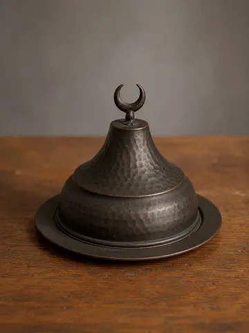 Vintage Middle Eastern Brass Serving Dish with Crescent Finial