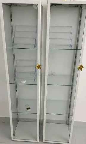 Pair of iKea Tall White Glass Display Cabinets with Shelves