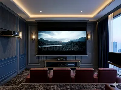 Home theater projector and screen setup with AV receiver and speakers