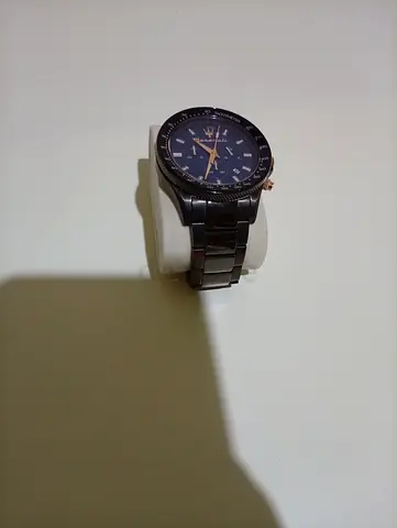 Mens black metal wristwatch with blue dial - used