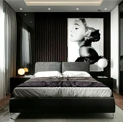 Modern Double Bed with Upholstered Headboard in Grey