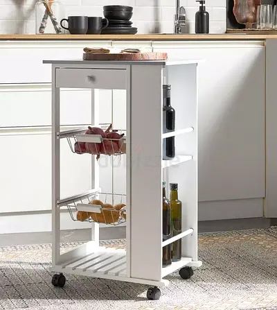 White Portable Kitchen Island with Storage Baskets