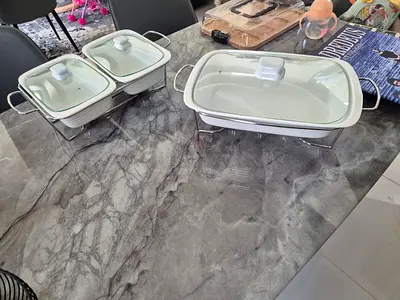 Set of 3 White Ceramic Chafing Dishes with Lids and Stands