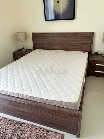 Queen Bed Frame with Mattress and Two Bedside Tables - Dark Wood