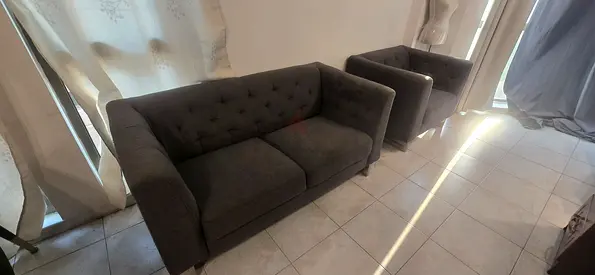 Dark grey 3-seater sofa with 2 seater matching armchairs - good condition