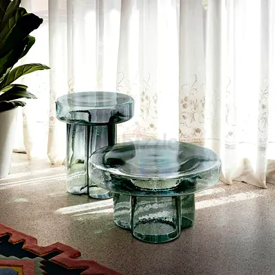 Pair of Modern Glass Coffee  Side Tables — Thick Blown Glass Design