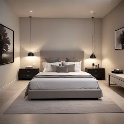 Queen size upholstered bed with headboard and bedside tables (modern, grey)