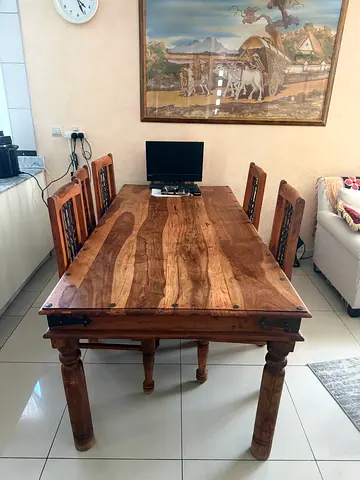Indian sheesham wood dining table - vintage - 6 chairs included