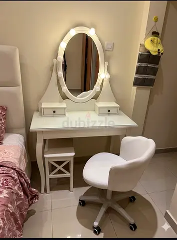 White Vanity Dressing Table with Mirror and Swivel Chair