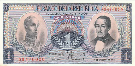 COLOMBIA 1 PESO BANKNOTE 1973