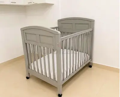 Gray Wooden Baby Crib with Mattress - Good Condition