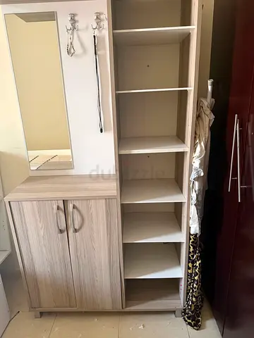 Light wood wardrobe with open cubbies, cabinet and mirror - good condition