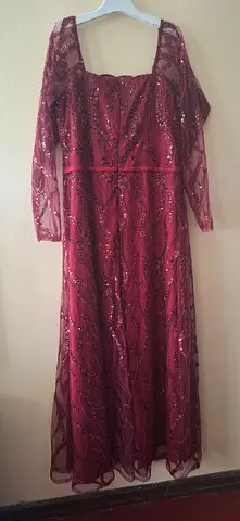 Burgundy Long Sequined Evening Dress with Sheer Sleeves - Size Approx