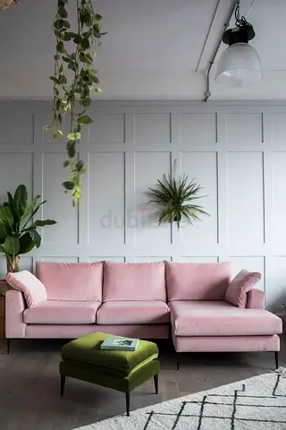 Light Pink Velvet L-Shaped Sofa with Chaise