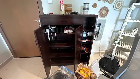 Dark wood shoe cabinet with 4 shelves — good condition