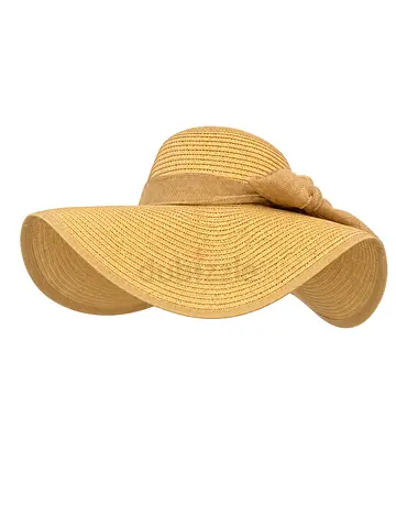 Wide Brim Straw Sun Hat with Bow - Beige
