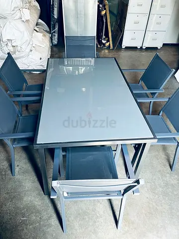 Outdoor/Patio Dining Table with 6 Chairs - Glass Top, Grey Frame