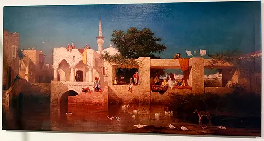 Framed Orientalist-Style Canvas Print of Riverside Village Scene