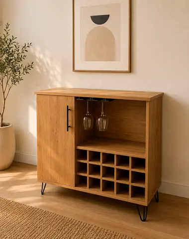 Modern Wooden Bar Cabinet with Wine Rack and Metal Legs