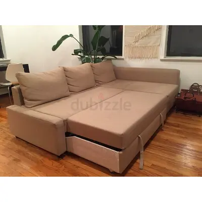 Beige L-Shaped Corner Sofa Bed with Pull-out Extension