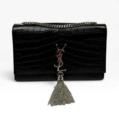 AUTHENTIC SAINT LAURENT BLACK CROC EMBOSSED KATE TASSEL BAG