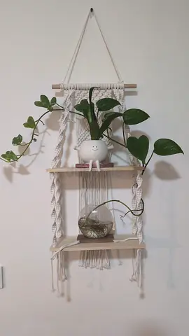 Handmade Macrame Wall Hanging Shelf with Planter - Natural Cotton, 3-Tier