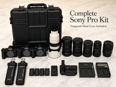 Complete Sony Professional Camera Kit – 3 Bodies, 6 Lenses, 2 Godox AD200, Vanguard Hard Case