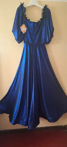 Blue Shimmery Midi Dress with Puff Sleeves — Worn Once