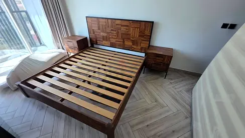Available high quality west elm bed with tow side table like new