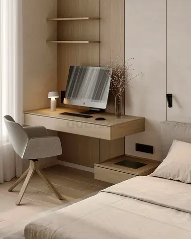 Wall-mounted floating desk with integrated drawer — light wood