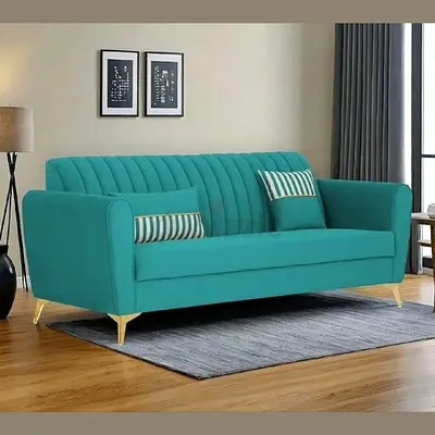 Teal 3-Seater Sofa with Gold Legs - Modern Fabric Couch