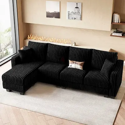 Black ribbed fabric 5 seater L shaped sofa