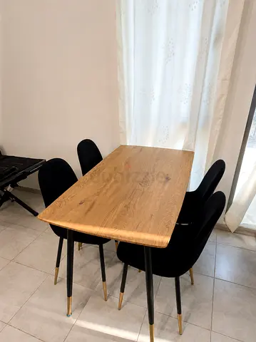 Solid Wood Dining Table with 4 Velvet Chairs - Good Condition